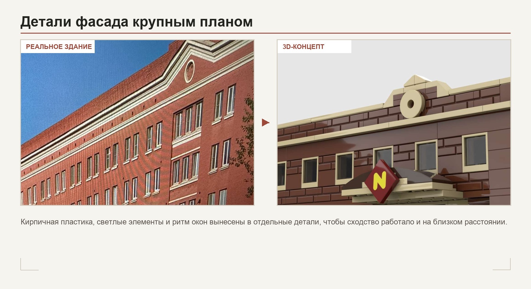 Сравнение деталей фасада реального здания и модели