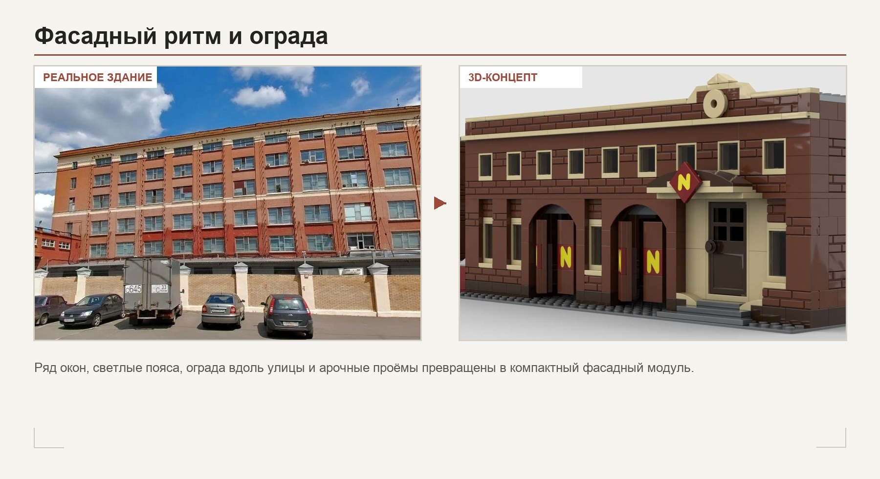 Сравнение фасадного ритма реального здания и модели