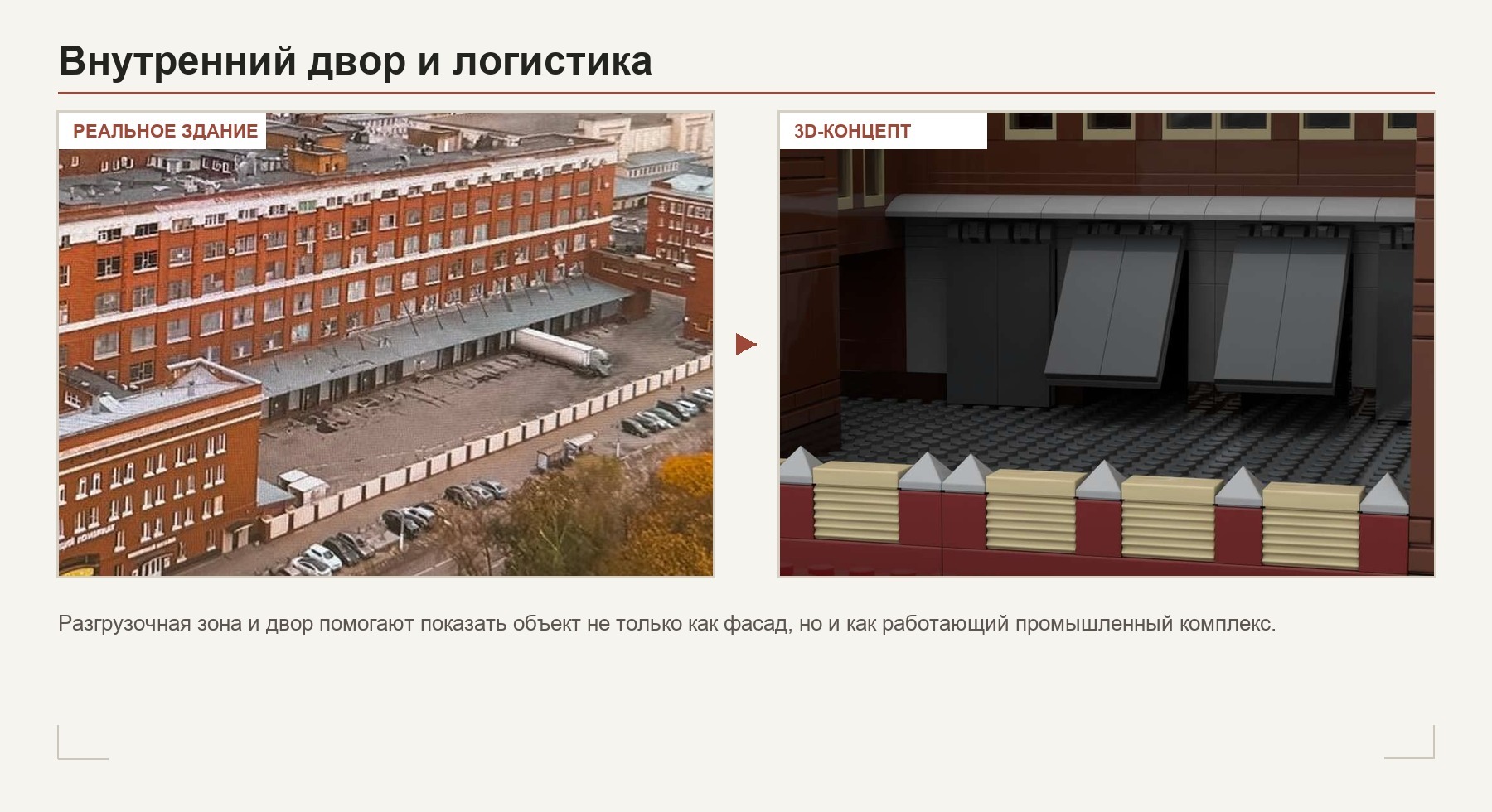 Сравнение двора и логистической зоны реального здания и модели